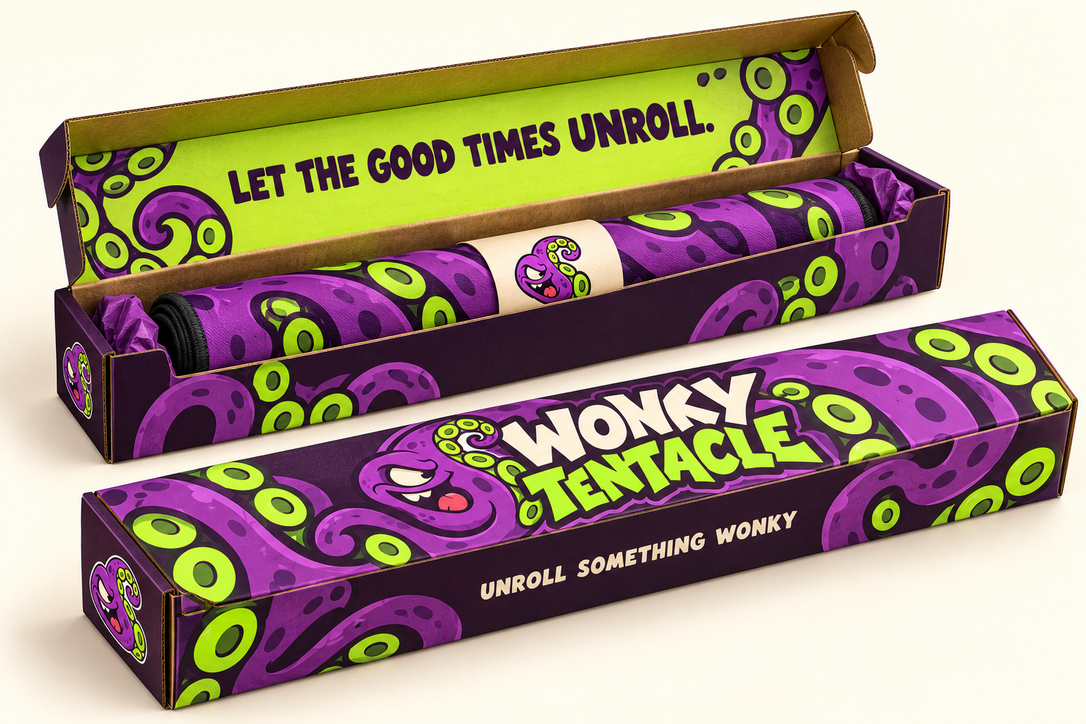 Wonky Tentacle rolled mat and purple illustrated shipping box