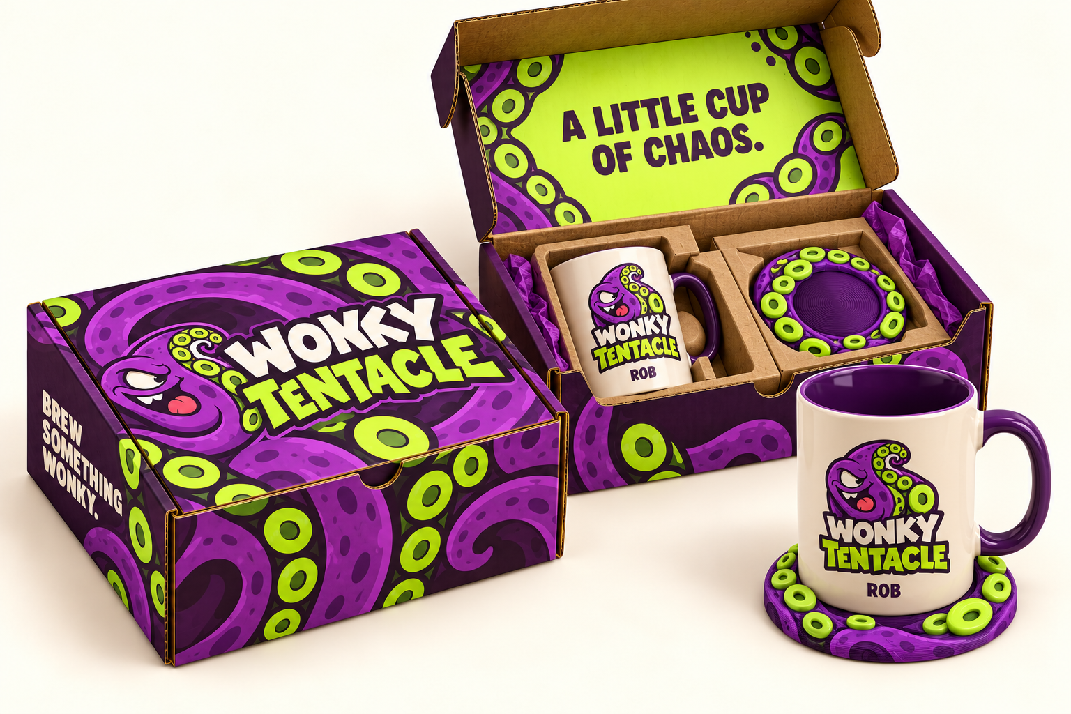 Personalised Wonky Tentacle mug and tentacle coaster gift set